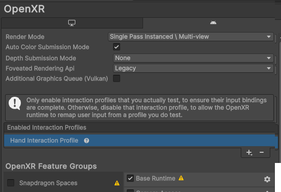 Unity OpenXR settings
